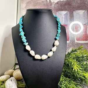 Natural Turquoise Chip & Shell Pearl Necklace, 925 sterling silver chain